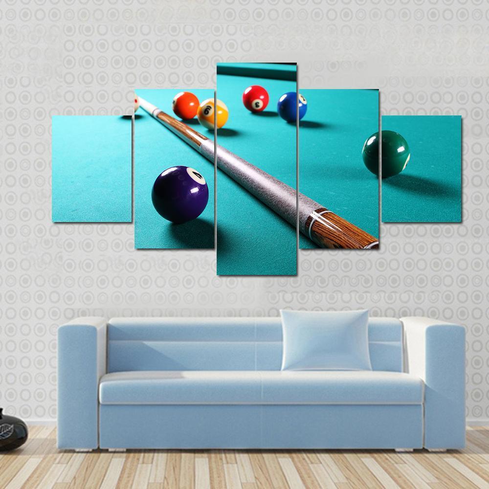 Billiard Table With Balls Close-Up Narrow Depth Of Field - Sport 5 Panel Canvas Art Wall Decor Billiard Table With Balls Close-Up Narrow Depth Of Field - Sport 5 Panel Canvas Art Wall Decor