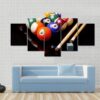 Billiards Balls And Cues With Chalk - Sport 5 Panel Canvas Art Wall Decor
