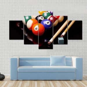 Billiards Balls And Cues With Chalk - Sport 5 Panel Canvas Art Wall Decor