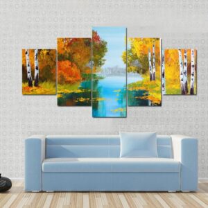 Birch Forest Near The River - Nature 5 Panel Canvas Art Wall Decor