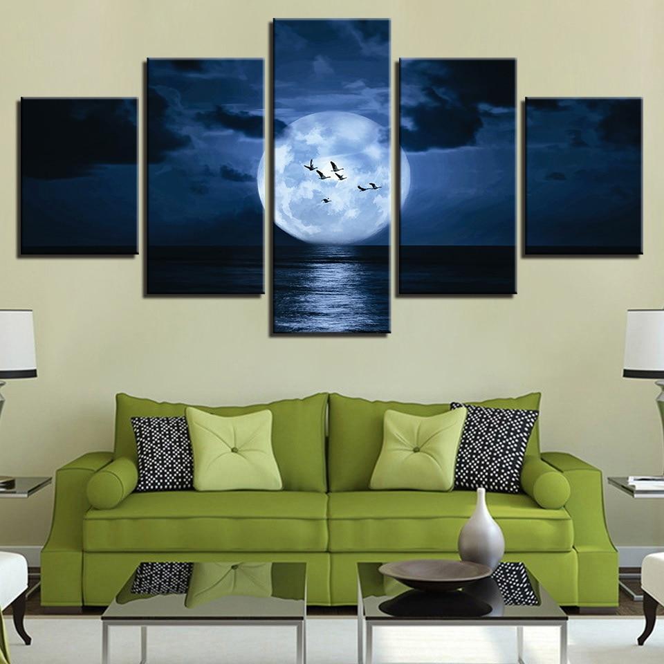 Bird And Moon Reflected On The Lake - Nature 5 Panel Canvas Art Wall Decor Bird And Moon Reflected On The Lake - Nature 5 Panel Canvas Art Wall Decor