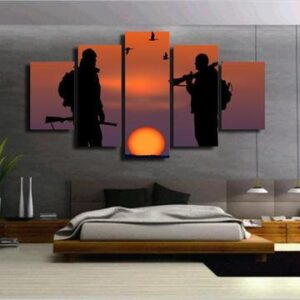 Bird Hunter Silhouette - Army 5 Panel Canvas Art Wall Decor