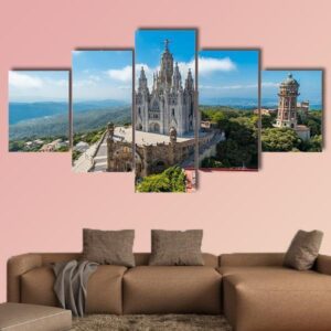 Bird View On Tibidabo Church On Mountain - Nature 5 Panel Canvas Art Wall Decor