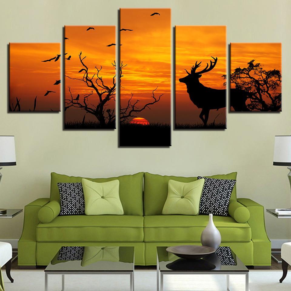 Birds Tree Forest Animal Deer Sunset Silhouette - Animal 5 Panel Canvas Art Wall Decor Birds Tree Forest Animal Deer Sunset Silhouette - Animal 5 Panel Canvas Art Wall Decor