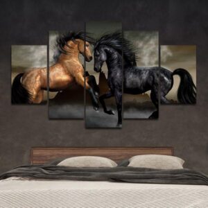 Black And Bay Horses - Animal 5 Panel Canvas Art Wall Decor