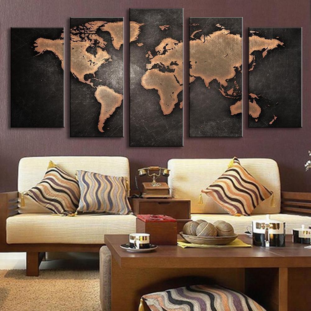 Black And Bronze World Map - World Map 5 Panel Canvas Art Wall Decor Black And Bronze World Map - World Map 5 Panel Canvas Art Wall Decor