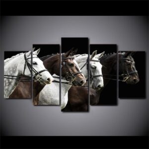 Black And Brown Horse Race 1 - Animal 5 Panel Canvas Art Wall Decor