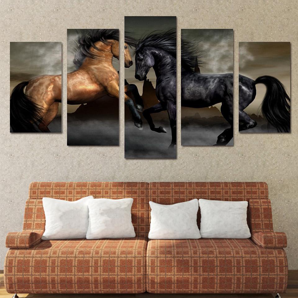 Black And Brown Horses - Animal 5 Panel Canvas Art Wall Decor Black And Brown Horses - Animal 5 Panel Canvas Art Wall Decor