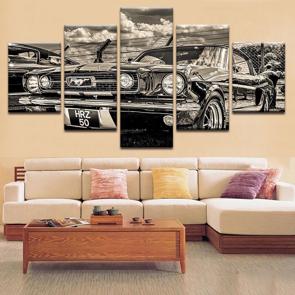 Black And White 1965 Ford Mustang - Automative 5 Panel Canvas Art Wall Decor Black And White 1965 Ford Mustang - Automative 5 Panel Canvas Art Wall Decor