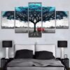 Black And White Blue Tree - Nature 5 Panel Canvas Art Wall Decor