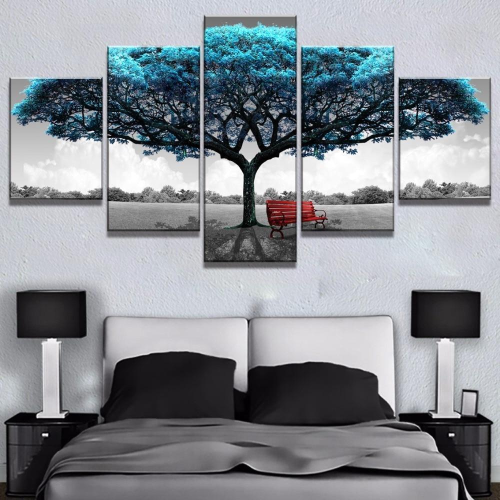 Black And White Blue Tree - Nature 5 Panel Canvas Art Wall Decor Black And White Blue Tree - Nature 5 Panel Canvas Art Wall Decor