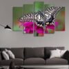 Black And White Butterfly Perched On A Purple Flower - Animal 5 Panel Canvas Art Wall Decor