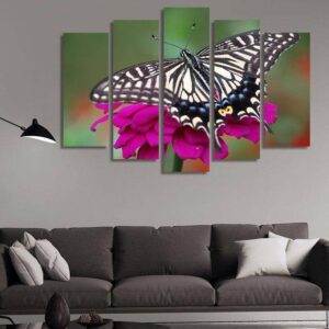 Black And White Butterfly Perched On A Purple Flower - Animal 5 Panel Canvas Art Wall Decor
