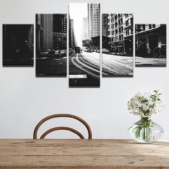 Black And White City Streetscape Streetcar - Nature 5 Panel Canvas Art Wall Decor Black And White City Streetscape Streetcar - Nature 5 Panel Canvas Art Wall Decor
