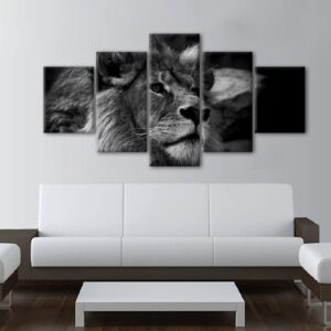 Black And White Lion 1 - Animal 5 Panel Canvas Art Wall Decor
