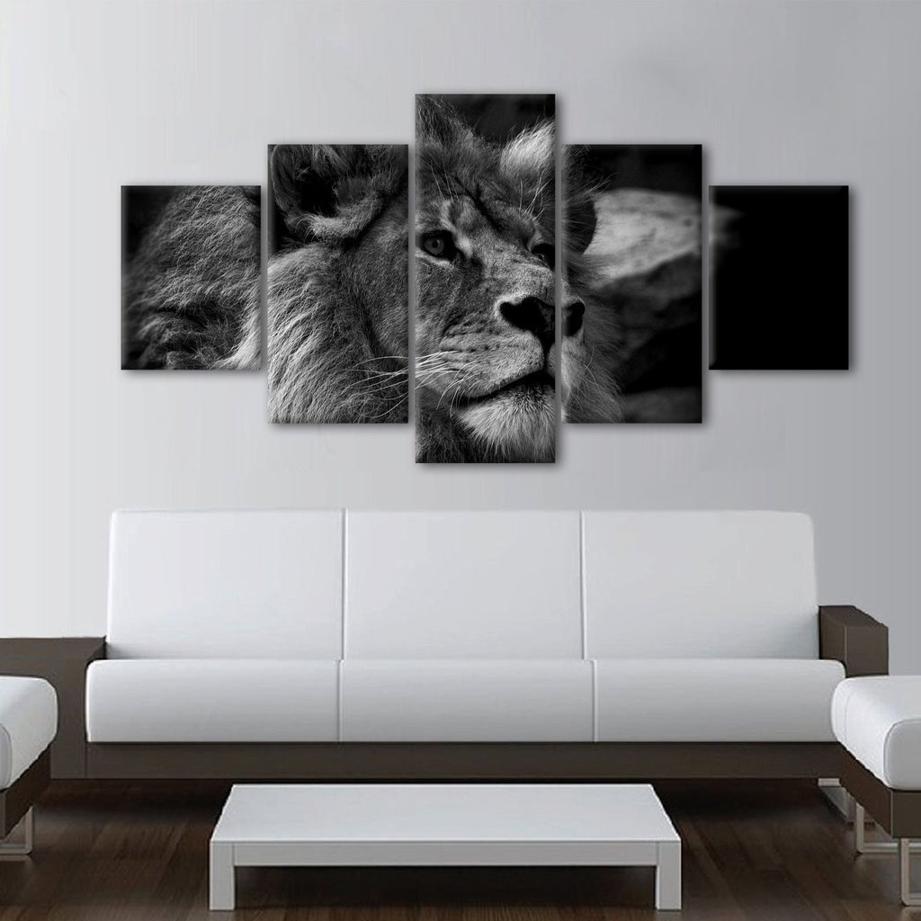 Black And White Lion 1 - Animal 5 Panel Canvas Art Wall Decor Black And White Lion 1 - Animal 5 Panel Canvas Art Wall Decor