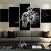 Black And White Lion Animal - 5 Panel Canvas Art Wall Decor