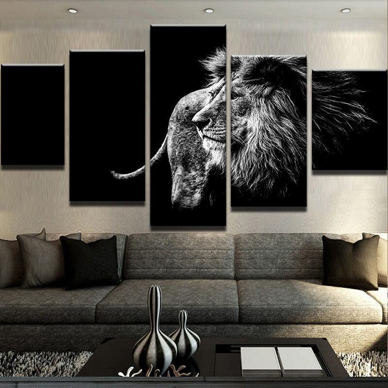 Black And White Lion Animal - 5 Panel Canvas Art Wall Decor Black And White Lion Animal - 5 Panel Canvas Art Wall Decor