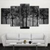 Black And White Moon Forest Trees - Nature 5 Panel Canvas Art Wall Decor
