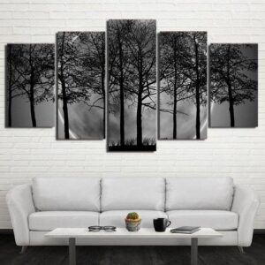 Black And White Moon Forest Trees - Nature 5 Panel Canvas Art Wall Decor