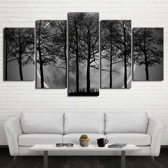Black And White Moon Forest Trees - Nature 5 Panel Canvas Art Wall Decor Black And White Moon Forest Trees - Nature 5 Panel Canvas Art Wall Decor