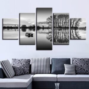 Black And White Pictures Ship Lake Tree - Nature 5 Panel Canvas Art Wall Decor
