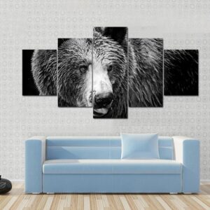 Black And White Portrait Of An Imposing Bear - Animal 5 Panel Canvas Art Wall Decor