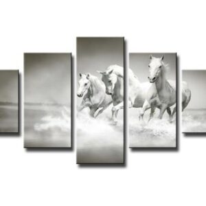 Black And White Print Of Horses - Animal 5 Panel Canvas Art Wall Decor