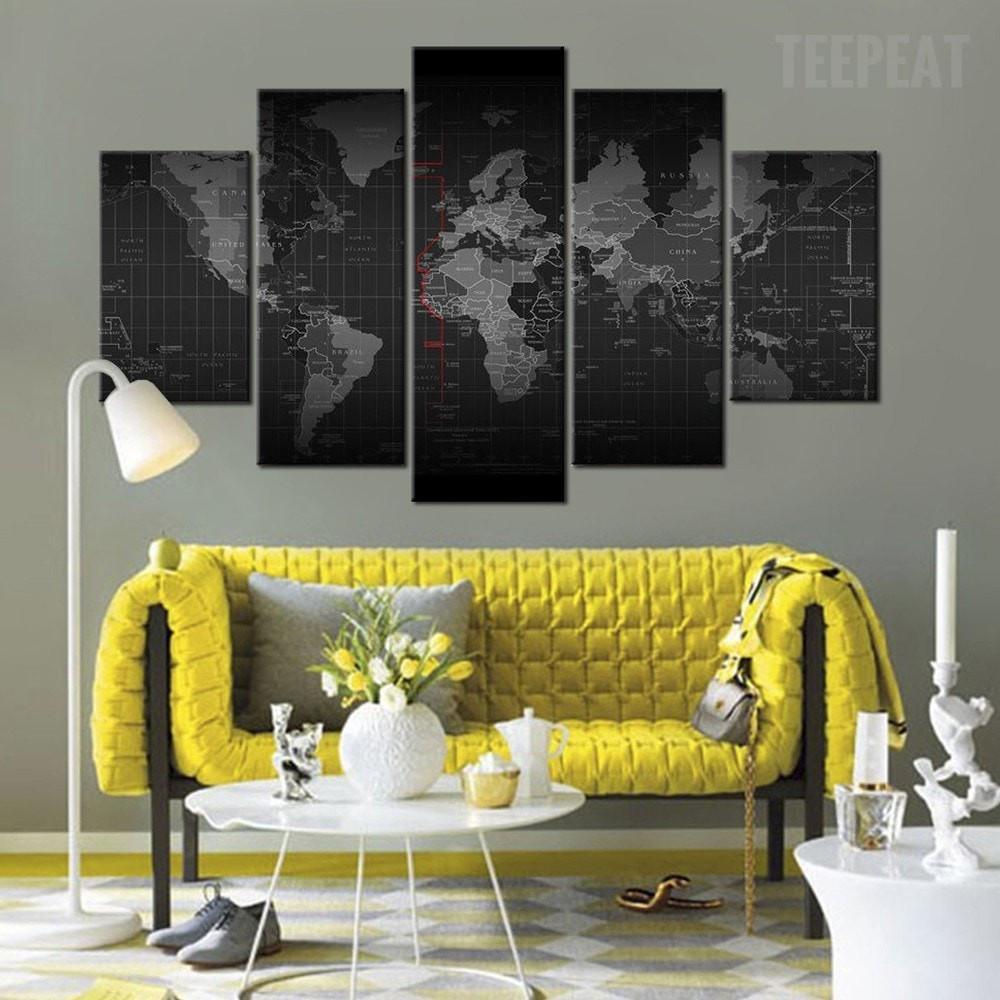 Black And White Time Zone World Map - Abstract 5 Panel Canvas Art Wall Decor Black And White Time Zone World Map - Abstract 5 Panel Canvas Art Wall Decor