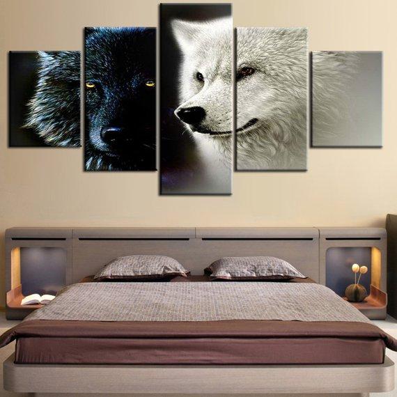 Black And White Wolf 3 -Animal 5 Panel Canvas Art Wall Decor Black And White Wolf 3 -Animal 5 Panel Canvas Art Wall Decor