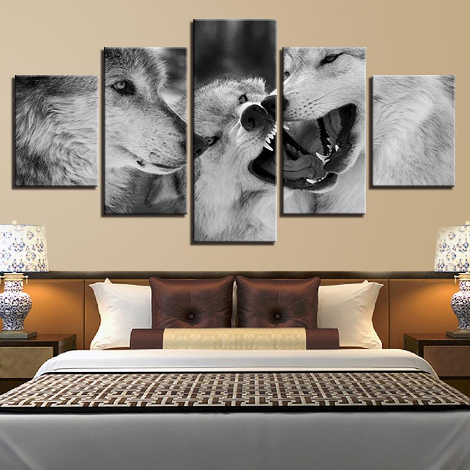 Black And White Wolf - Animal 5 Panel Canvas Art Wall Decor Black And White Wolf - Animal 5 Panel Canvas Art Wall Decor