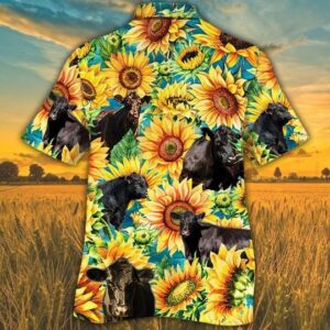 Black Angus Cattle Sunflower Watercolor Hawaiian Shirt