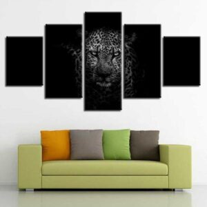 Black Background With Leopard - Animal 5 Panel Canvas Art Wall Decor