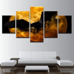 Black Bat Orange Moon - Animal 5 Panel Canvas Art Wall Decor