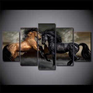 Black Brown Horses - Animal 5 Panel Canvas Art Wall Decor
