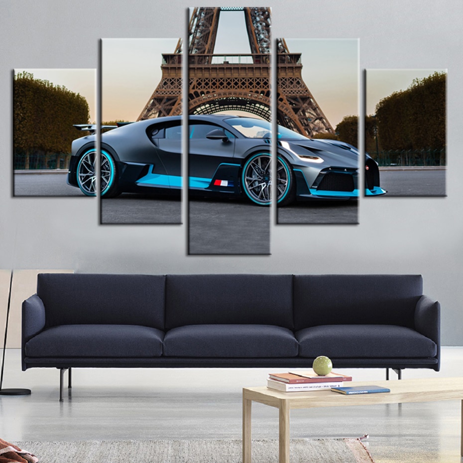 Black Bugatti Divo In Paris Car - 5 Panel Canvas Art Wall Decor Black Bugatti Divo In Paris Car - 5 Panel Canvas Art Wall Decor