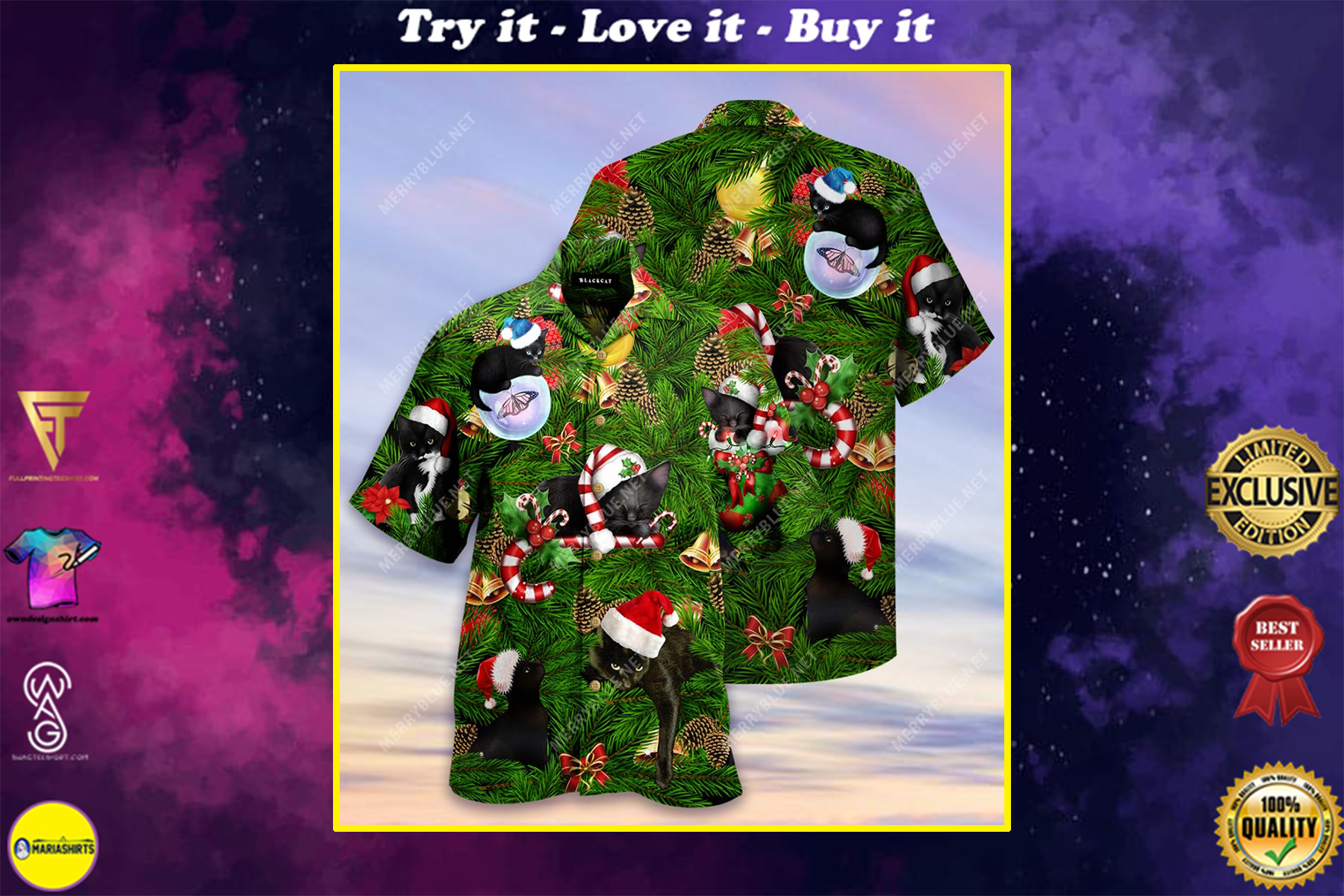 Black Cats And Christmas Tree Full Printing Hawaiian Shirt Black Cats And Christmas Tree Full Printing Hawaiian Shirt