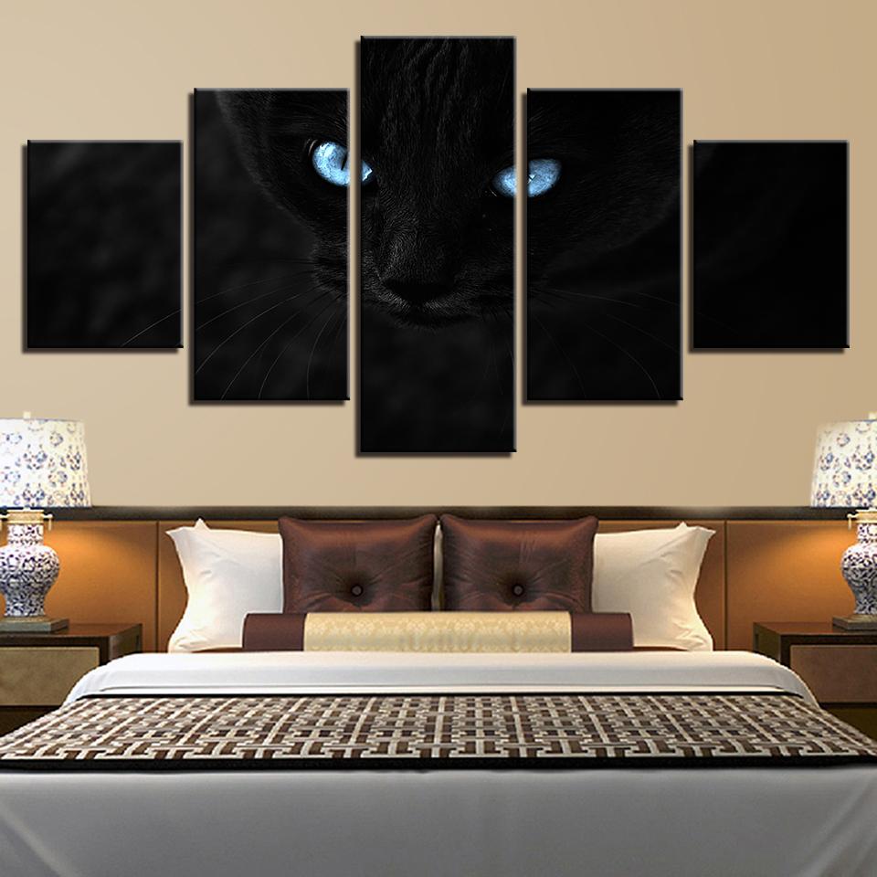 Black Cats Blue Eyes - Animal 5 Panel Canvas Art Wall Decor Black Cats Blue Eyes - Animal 5 Panel Canvas Art Wall Decor