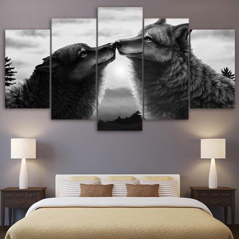 Black Couple Wolf Animal - 5 Panel Canvas Art Wall Decor Black Couple Wolf Animal - 5 Panel Canvas Art Wall Decor
