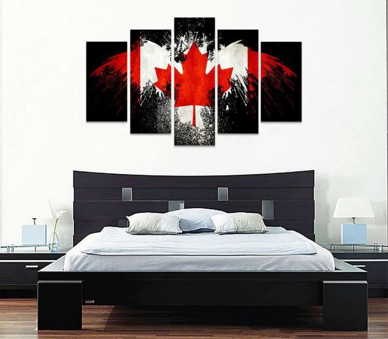 Black Eagle Canadian Flag With Maple Leaf - Abstract 5 Panel Canvas Art Wall Decor Black Eagle Canadian Flag With Maple Leaf - Abstract 5 Panel Canvas Art Wall Decor