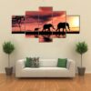 Black Elephant Silhouettes By A River - Animal 5 Panel Canvas Art Wall Decor