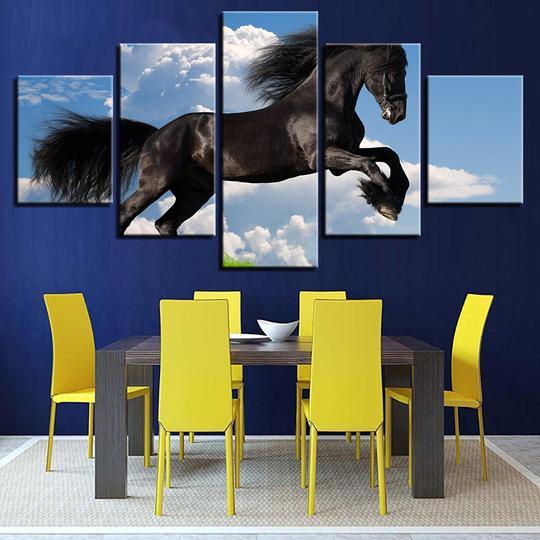 Black Horse Running Against Blue Sky Background - Animal 5 Panel Canvas Art Wall Decor Black Horse Running Against Blue Sky Background - Animal 5 Panel Canvas Art Wall Decor