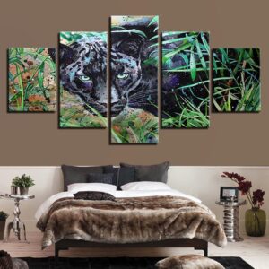 Black Leopard And Green Leaf - Animal 5 Panel Canvas Art Wall Decor