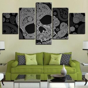Black Paisley Skull Paisley Design - Abstract 5 Panel Canvas Art Wall Decor