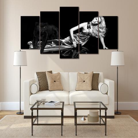 Black Panther And Women - Abstract Animal 5 Panel Canvas Art Wall Decor Black Panther And Women - Abstract Animal 5 Panel Canvas Art Wall Decor