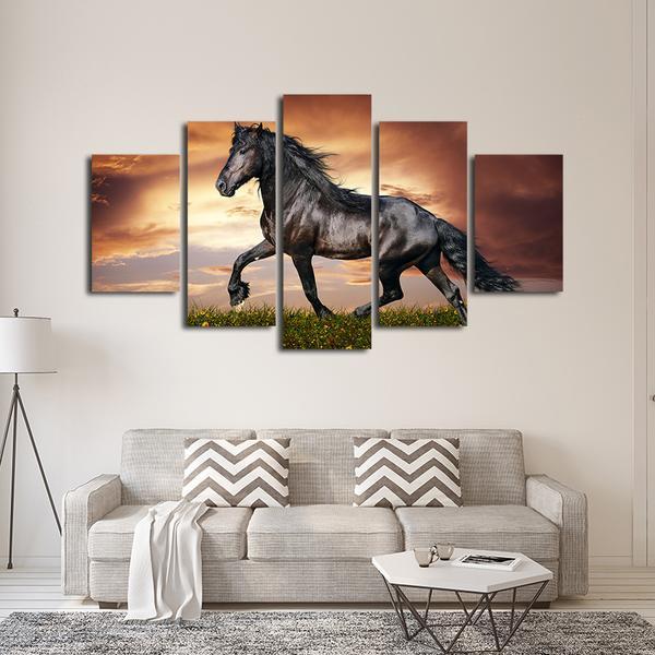 Black Stallion Mustang Horse - Animal 5 Panel Canvas Art Wall Decor Black Stallion Mustang Horse - Animal 5 Panel Canvas Art Wall Decor
