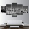 Black White Brooklyn Bridge City Night 1 - Nature 5 Panel Canvas Art Wall Decor
