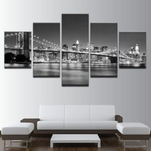 Black White Brooklyn Bridge City Night 1 - Nature 5 Panel Canvas Art Wall Decor