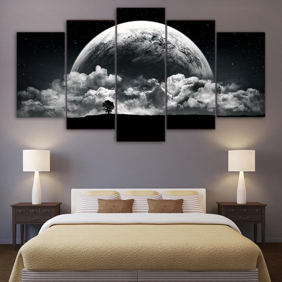 Black White Earth - Space Universe 5 Panel Canvas Art Wall Decor Black White Earth - Space Universe 5 Panel Canvas Art Wall Decor