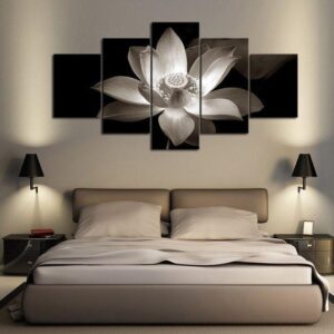 Black & White Lotus 02 - Nature 5 Panel Canvas Art Wall Decor